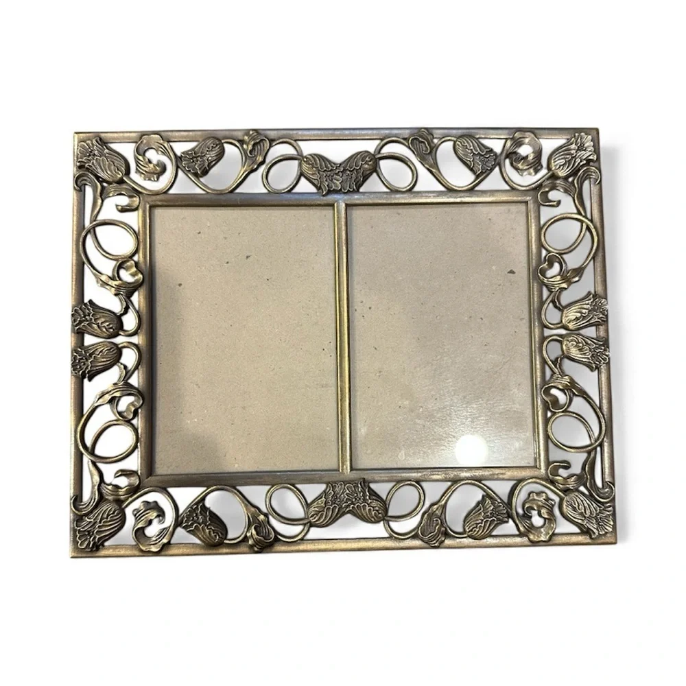 Vtg Gold Tone Tulip Metal Double Frame 3.5” x 5” Photos